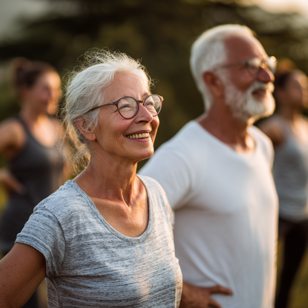 Older adults enjoying group fitness activities in natural outdoor setting